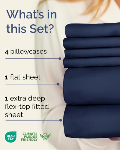 Image of Flex Top Split Head King 6 Piece Sheet Set - Soft & Cooling - Navy Blue | Ultra Soft Hotel Luxury Bedding Set w / 8-16 Inch Deep Pockets, 1 Flat & 1 Split-Head Fitted Sheet & 4 Pillowcases, Fade Free