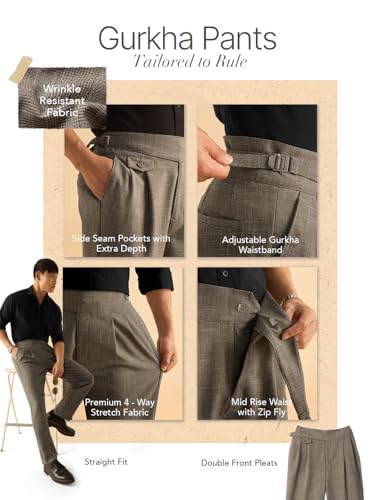 Image of The Souled Store: Gurkha Pants Men and Boys Solid Polyester Blend Straight Fit Adjustable Waistband 4-Way Stretch Wrinkle Resistant Pleated Front Trousers