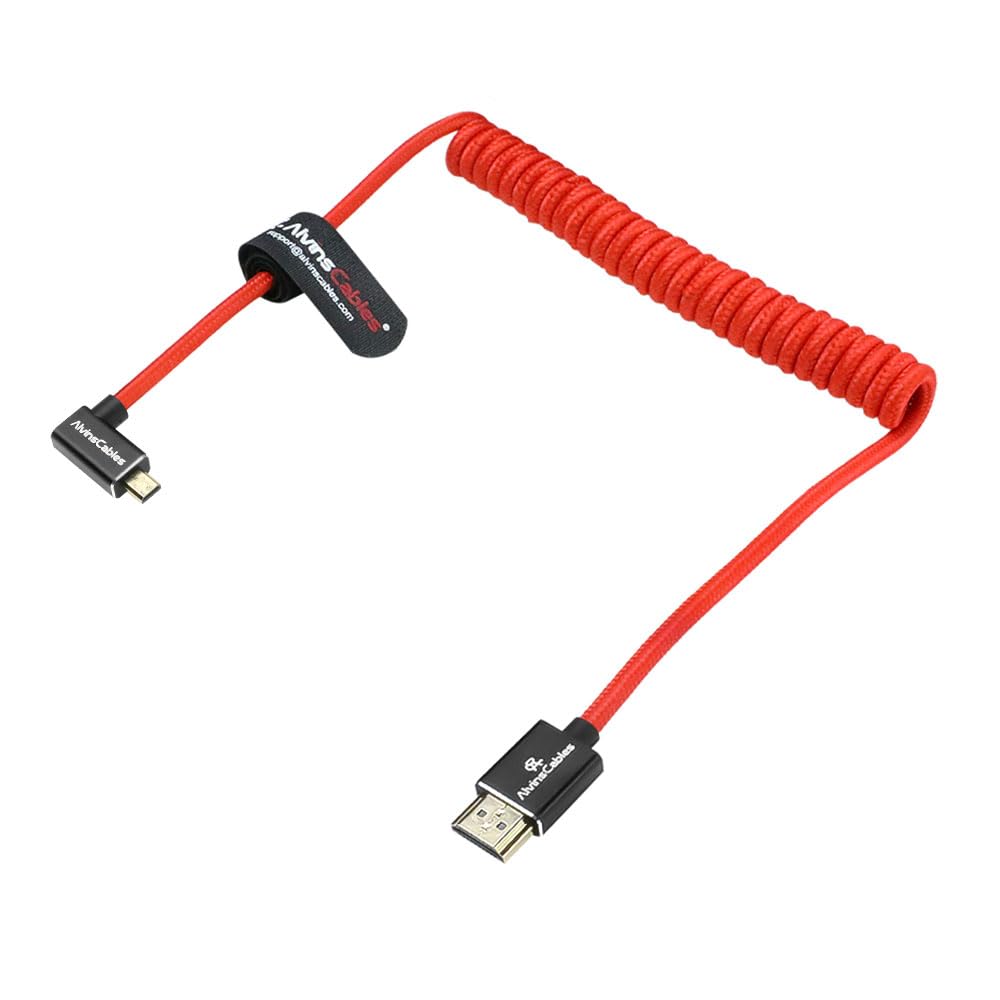 Alvin's Cables Left Angle Micro HDMI to HDMI Cable 8K@60Hz 4K@120Hz, Braided Coiled HDMI 2.1 for Sony A7RIII/A7II/A7M3, Canon R5/M6, Fujifilm X-T4/X-T3, GoPro, Nikon - Red Ultra Durable