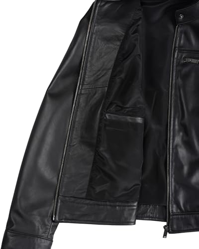 Image of fjackets Mens Leather Jacket - Real Lambskin Cafe Racer Moto Biker Stand Collar Jacket