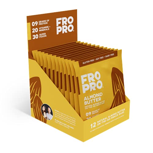 FROPRO Plant Protein Snack Bars - Organic Plant Based Protein Bars, All-Natural, Gluten, Dairy, & Soy Free, High Protein Bars with Low Calories | Almond Butter, 12 Pack