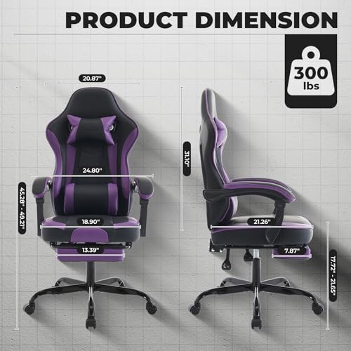 Image of Purple Gaming Chair with Headrest and Lumbar Support, High Back Computer Office Desk Chair with Footrest, 360 Swivel Height Adjustable Recliner Game Chair