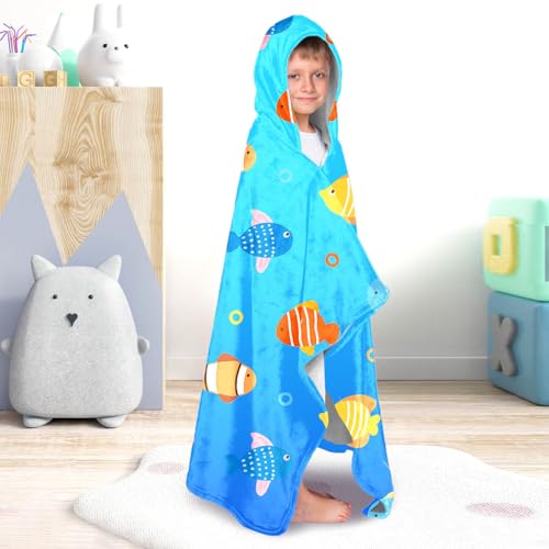 Image of Shark Boys Beach Towel with Hoodie for Kids Toddlers Age 4-8,Shark Blue Bath Towels Shower Wrap for Boys, Hooded Poncho Beach Blanket for Pool Swimming Cute Wearable Bath Towel for Child