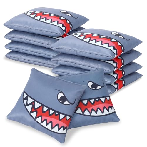 Jenaai 8 Set 16 oz Professional Cornhole Bags 5.9 x 5.9 Dual Sided Shark Corn Hole Bags Regulation Size Cornhole Bean Bag Summer Outdoor Tossing Game for Pool Party Beach Backyard BBQ