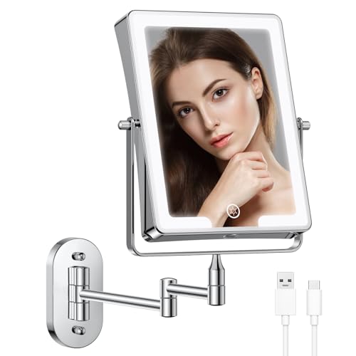 8.7 Inch Large Size Rechargeable Wall Mounted Makeup Mirror, Bathroom Lighted Mirror Rectangle Double Sided 1X 30X Magnifying