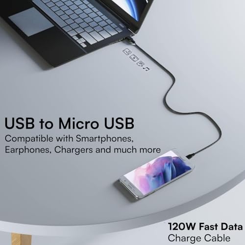 Image of ONE 7 USB to Micro USB Nylon Braided 120W Fast Charging & Data Cable, Micro Cable 2m (6ft), Durable Reinforced Connectors, For Smartphones, Power Banks & Micro USB Devices (ON CB-49 MICRO- Black)