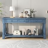 FULife Vintage Design Entryway Console Table with 3 Storage Drawers and Solid Wood Legs for Bedroom Living Room, 63" Long Sofa Sidetable with Open Bottom Shelf for Hallway Front Hall