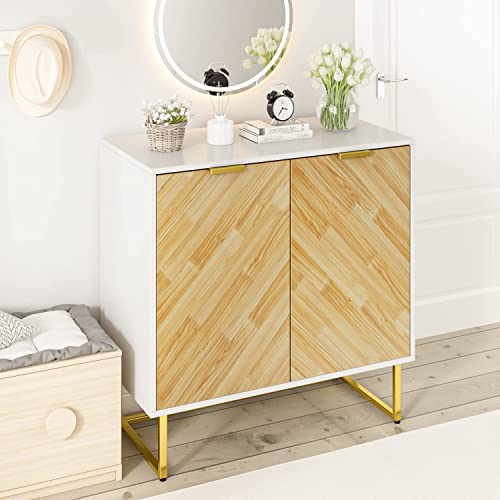 Buffet Sideboard Cabinet With Storage, Modern Accent Cabinet With 2 Doors & Adjustable Shelves, Kitchen Storage Cabinet Cupboard Console Table For Dining， Living Room, Bedroom, Entryway, White & Gold #TOP2