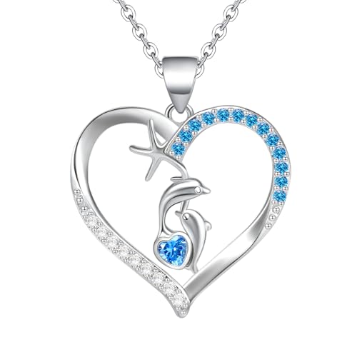 Sterling Silver Heart Necklace,Sparkle Cubic Zirconia Love Heart Pendant,Adjustable Hypoallergenic Dolphin Necklace,Cute Gifts for Her Sister Teens Daughter Granddaughter
