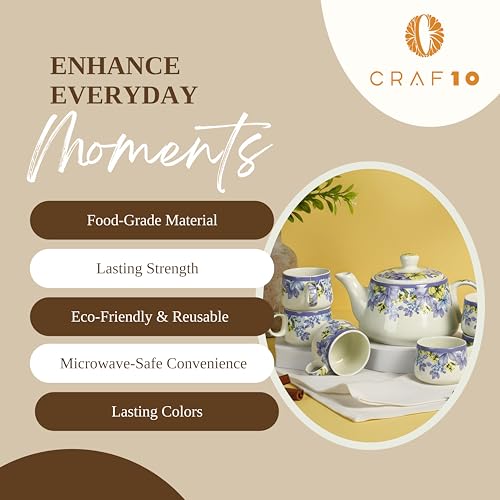 Image of CRAF10 Handcrafted Ceramic Blue Lilac Floral Print Teapot Cup Set - 1 Kettle (1 Litre) & 6 Cups (160 ML), Microwave & Dishwasher Safe | Morning Set | Tea Sets with Kettle