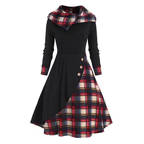 Image of Womens Vintage Gothic Steampunk Dress Casual Plaid Patchwork Button Hooded Dress Retro Rockabilly Punk Hippie Dresses