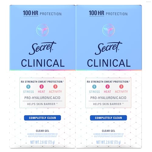 Image of Secret Clinical Strength 100HR Sweat & Odor, Completely Clean Clear Gel Antiperspirant Deodorant for Women, 3X Stress Protection with Hyaluronic Acid, Completely Clean Scent, 2.6 oz (Pack of 2)