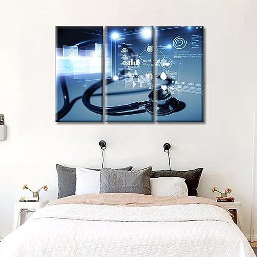Image of TUMOVO Medical Stethoscope and Infographic Wall Prints Stethoscope and Medical Canvas Wall Art 3 Panels Laboratory Wall Art for Living Room Stretched and Framed Ready to Hang (60 inch Wx40 H)