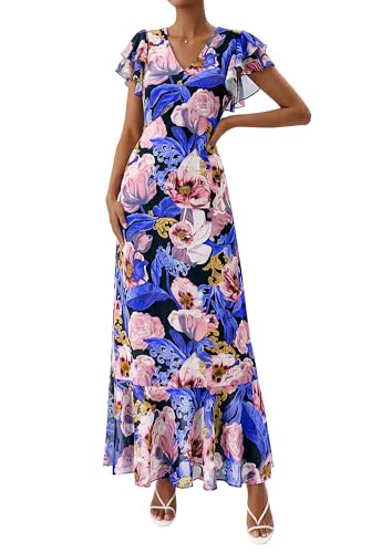 Image of PRETTYGARDEN Womens Summer Boho Floral Maxi Dress | V Neck Ruffle Sleeve Tiered A-Line Sundress, Lightweight Flowy Long Dresses for Spring Wedding Guest, Cocktail Party, Cruise