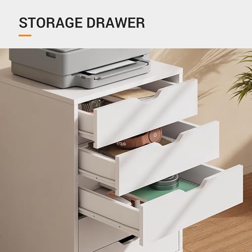 Image of DEVAISE 5 Drawer File Cabinet, Wood Under Desk Drawers Chest Rolling Vertical Filing Cabinet Storage Furniture for Office Home White