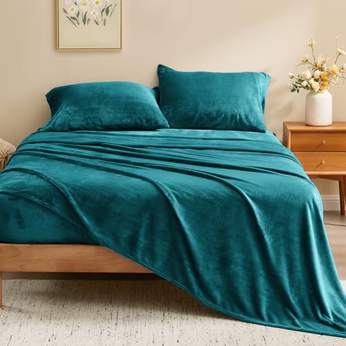 Image of BEDELITE Flannel Sheets King Size Teal - Super Soft Fleece Sheets Set Fluffy Extra Plush, 4 Piece(Include Fitted Sheet, Flat Sheet, 2 Pillowcases)