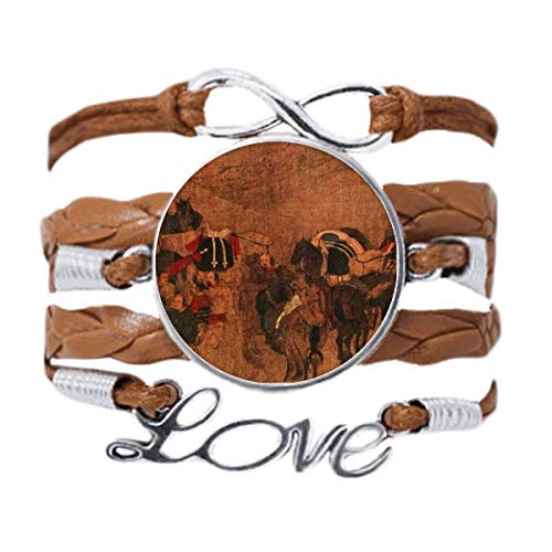 Bracelet route de la soie en cuir noir tordu et breloque la peinture chinoise du thé cheval