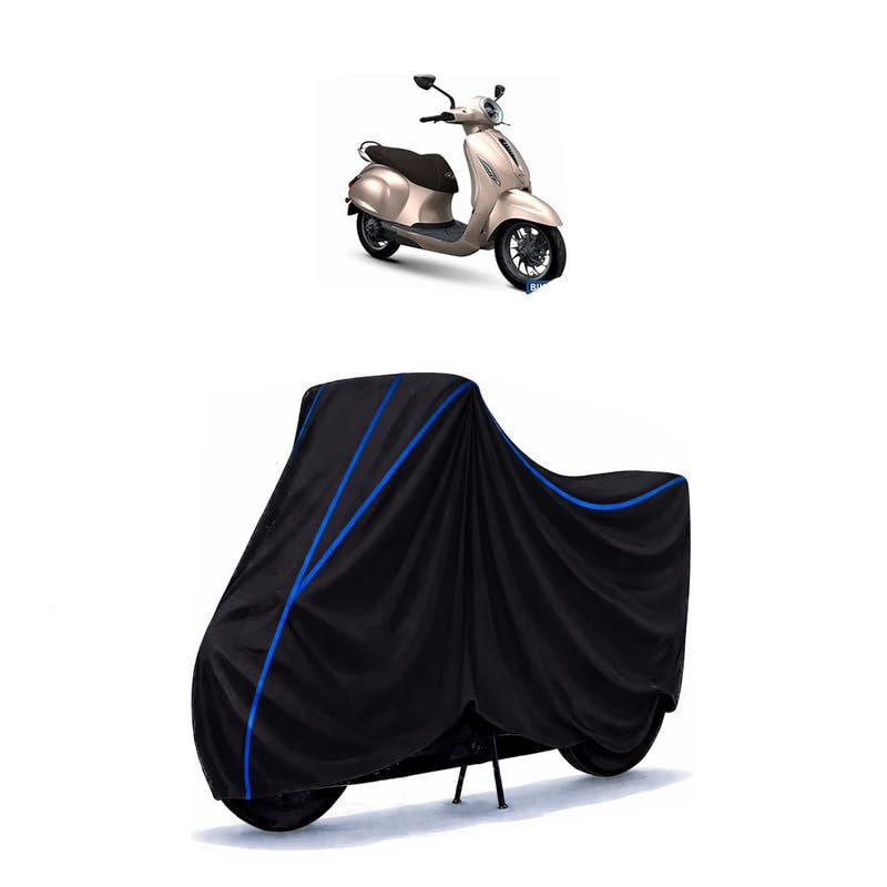 Image of Scooty Cover Water Resistant for Chetak Premium TecPac | Universal Scooter & Bike Cover | Heavy Duty UV Dust, Rain & Scratch Protection Weather Indoor Outdoor | Black with Blue Piping