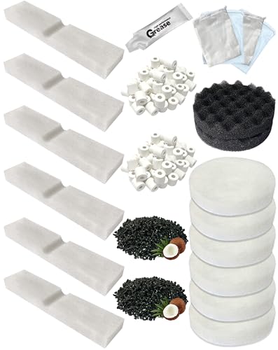 23 PCS Aquarium Media Kits Replacement for Fluval FX2 / FX4 / FX5 / FX6 Canister Filters Including Bio-Foam Block Carbon Sponge Filter Ceramic Ring Activated Carbon Silicone Lubricant Mesh Bag