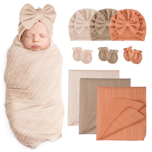 Image of AQOKKA Baby Swaddle Blankets with Bow Hat Mittens Set Wheat-Pattern Infant Receiving Blankets Swaddles for Newborns Unisex Toddler Swaddle Wrap Sets for Baby Girls Boys Nursery Warm Shower Gift