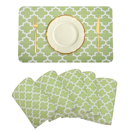 Image of Kuber Industries Placemat | Placemats for Dining Room | Anti-Slip Table Mat Set | Placemats for Kitchen Table | Dining Table Placemats | Hexagon-Design Placemat | 6 Piece Set | Green