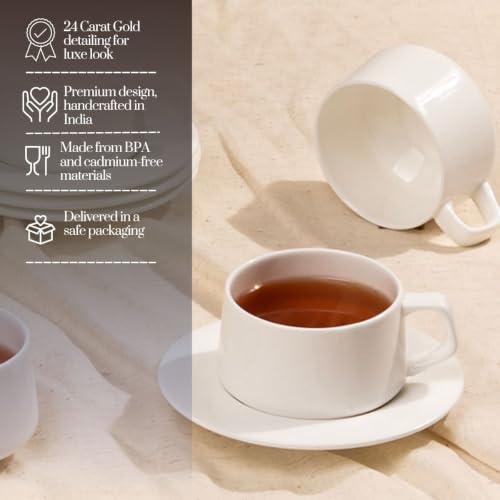 Image of GOLDEN QUEEN'S Cup & Saucer Set | Perfect for Hosting & for Tea /Coffee Lovers | Handcrafted in India | 6 Cups & 6 Saucers | 170 ml - Set of 12 pcs - Ivory Curve Cup Saucer