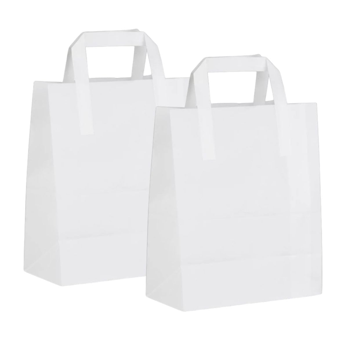 HOT BARGAINS White Paper Carrier Bags with Flat Handles, 100 Pack Medium 22 x 10 x 24 cm, Recyclable Shopping Bags