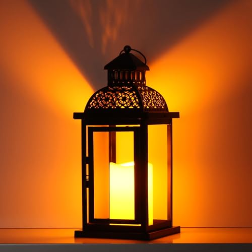 Image of NEEDOMO Lanterns Decorative Indoor & Outdoor, 15'' Lantern with LED Candle, Vintage Metal Hanging Lanterns for Patio, Front Porch,Yard, Table, Spring (NO Glass)