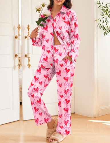 Image of Ekouaer Womens Satin Silky Pajama Set 2 Piece Print PJs Soft Loungewear Button Down Sleepwear with Elastic Waist Long Pants