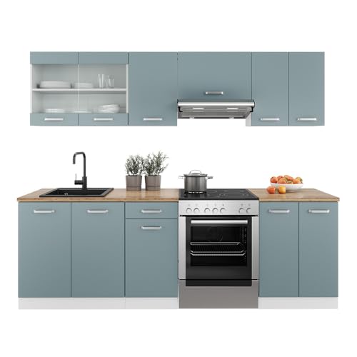 Vicco Küchenzeile Raul, Blau-Grau/Weiß, 240 cm ohne Arbeitsplatte