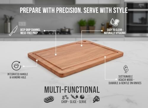 Tabla de Cortar de Madera Premium de Acacia, 40,6 x 30,5 x 1,5 cm – Tabla Reversible para Cocina con Ranura para Jugos, Ideal para Carnes, Verduras, Frutas y Pan miniatura 3