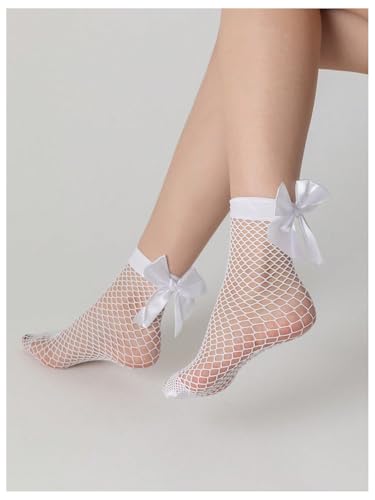 SHENHE Women's Fishnet Sheer Socks Ribbed Bow Hollow Out Above Ankle Socks3