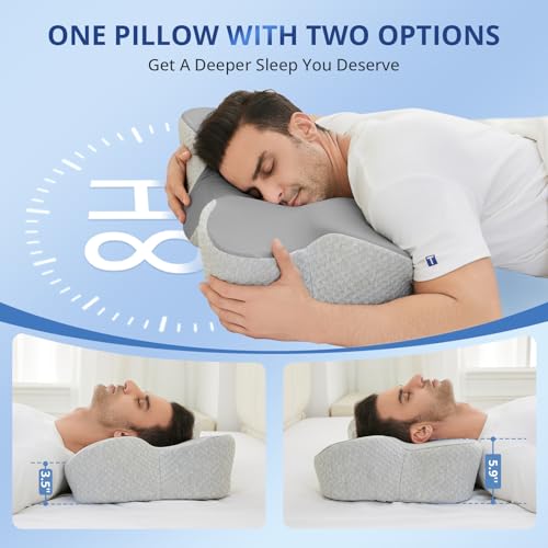 JOLLYVOGUE Cervical Neck Pillow for Pain Relief Memory Foam Side Sleeper Pillow with Cooling Pillowcase, Ergonomic Design for Back Stomach Sleepers, Large, Grey