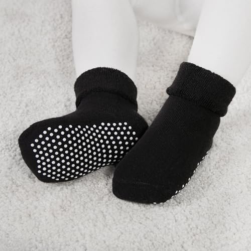 VWU Baby Toddler Kids Ankle Crew Socks with Grips Unisex Warm Thick Cotton Winter Socks 3-12 Months, Black