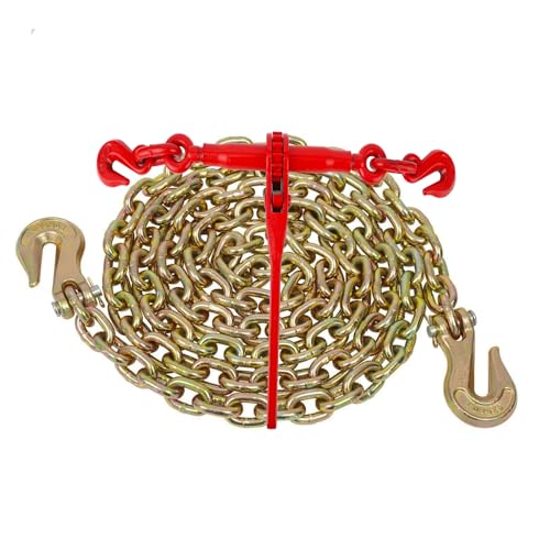 Image of Chain Binder 5 /16 inch -3 /8 inch, Grade 70 Heavy Duty Load Binders, 5 /16 inchx10ft Chains with 1 Binder and 1 Chain, Load Binder for Binder Chain with Grappling Hook, For Industrial, Agricultural, Logging, Towing
