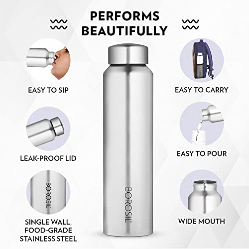 Image of Borosil Hydra Aquaslim Stainless Steel 1000 ml Water Bottle | Single Wall, Leakproof, BPA Free| Bottle for Office, School, College & Gym | Silver