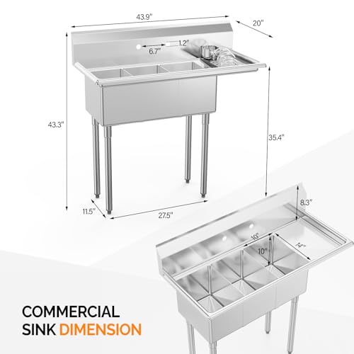 image for ROVSUN Commercial Sink, Stainless Steel with 3 Compartment and Right S