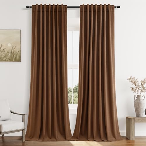 Guken 100% Blackout Linen Curtains 84 Inch Length 2 Panels Set for Living Room Bedroom Back Tab Thermal Insulated Black Out Linen Drapes Room Darkening Window Curtains 84 Inches Long,Caramel Brown