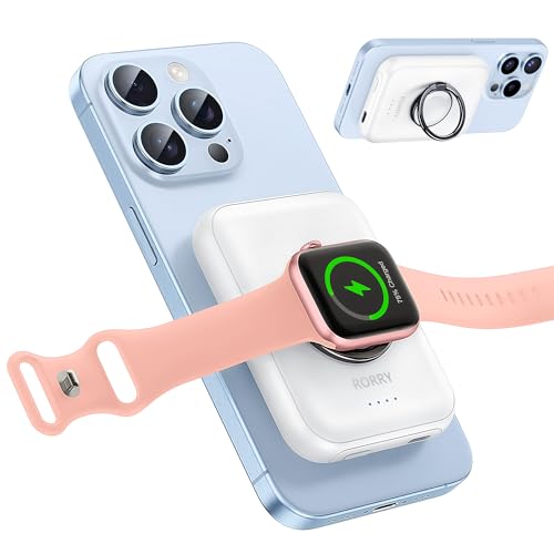 RORRY for Magsafe Portable Charger, [for iPhone & iWatch] Fast Charging Magnetic Power Bank, 5000mAh for Wireless Portable Charger, for Magsafe Battery Pack with Finger Ring, White