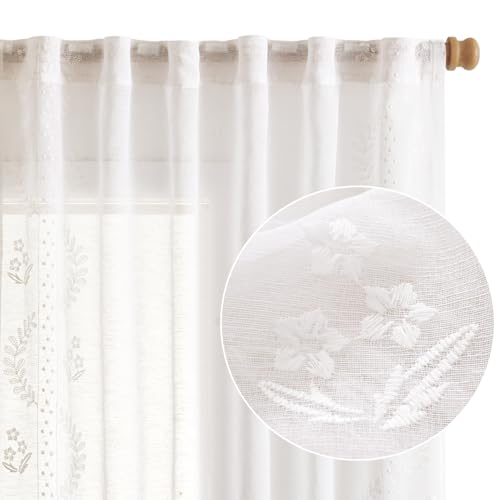 Image of jinchan Floral Linen Curtains, Back Tab 50x84 Inch, 2 Panels White