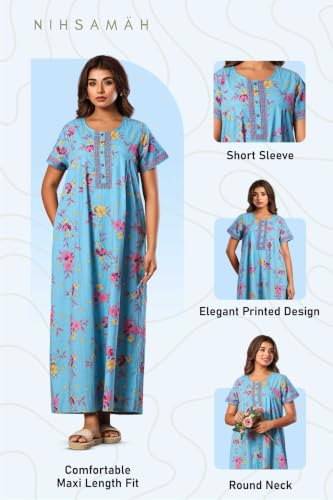 Image of NIHSAMAH Cotton Nighty for Women with Pocket, Premium Printed Long Nighty | Comfortable & Fancy Sleepwear /Nightwear