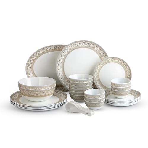 Image of Cello Opalware Divine Series Trinity 33 Pieces Dinner Set | Opal Glass Crockery for 6 | Bone Ash-Free, Lightweight, Elegant White Plate & Bowl Set |Opalglass Dinner Set for Daily Use & Gifting