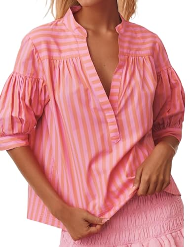 Womens Short Puff Sleeve Striped Blouses Top V Neck Loose Fit Casual Summer Work Blouses Striped Shirt