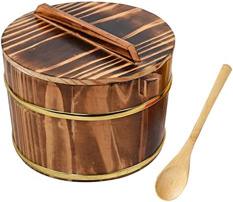 WSHA Wooden Sushi Rice Mixing Bowl Tub with Lid, Stainless Steel Liner Hangiri Oke Sushi Rice Bowl, Rice Mixing Bucket for Restaurant Home Kitchen(Free Spoon),Carbon color,20cm
