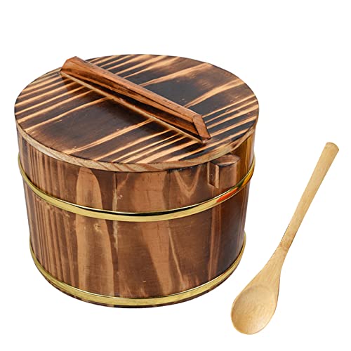 Wsha Wooden Sushi Rice Mixing Bowl Tub With Lid, Stainless Steel Liner Hangiri Oke Sushi Rice Bowl, Rice Mixing Bucket For Restaurant Home Kitchen(Free Spoon),Carbon Color,20Cm #TOP3