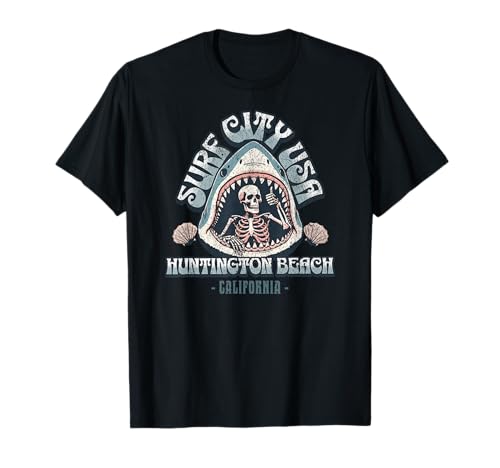 Surf City USA Huntington Beach California Shark And Skeleton T-Shirt