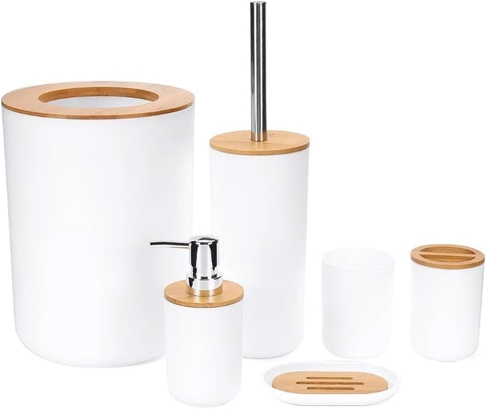 Kit Banheiro Moderno Bambu 6 Peças Com Lixeira Tampa Fechada Disp...