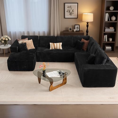 Image of HOOOWOOO Cloud Sectional Couches for Living Room,Modular Sectional Sofa No Assembly,133X108 Inch Plush Corduroy Large U Shaped Floor Couch Set with Deep Seat Left Chaise(Black)