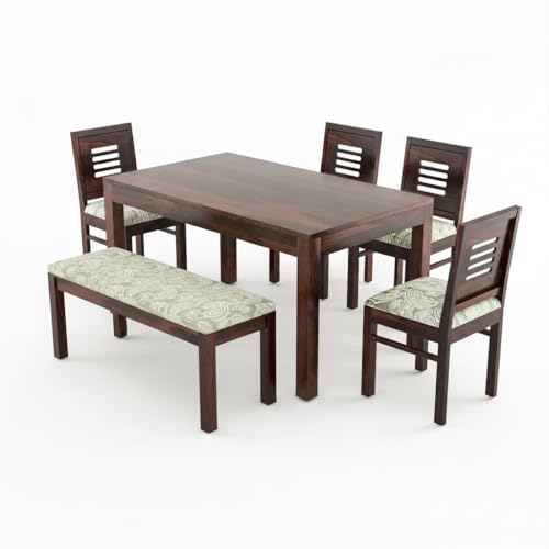 Image of RECTART Solid Sheesham Wood Dining Table Set 6 Seater for Dining Area Living Room | 4 Chair & 1 Bench | Hotel /Restaurant Dining for Six People | (Walnut-Ar-Grey, 6 Seater with Bench)