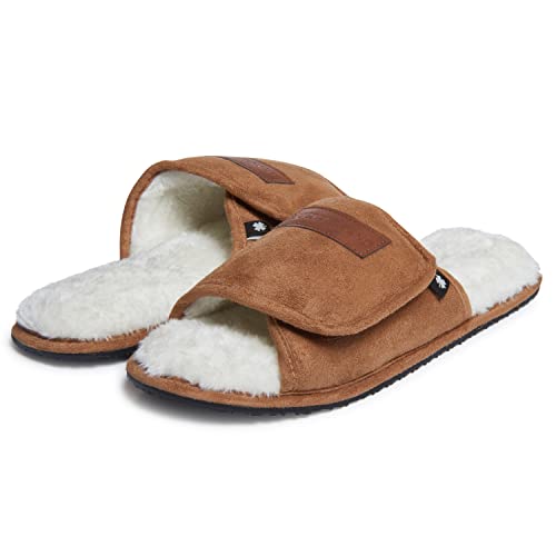 Image of Lucky Brand Mens Microsuede Memory Foam Open Toe Slippers, Cool Adjustable Strap Indoor Outdoor House Sliders for Men